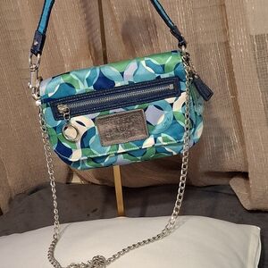 Coach Poppy Blue Green Scarf Patterned Flap Crossbody Wristlet HandBag 7x5